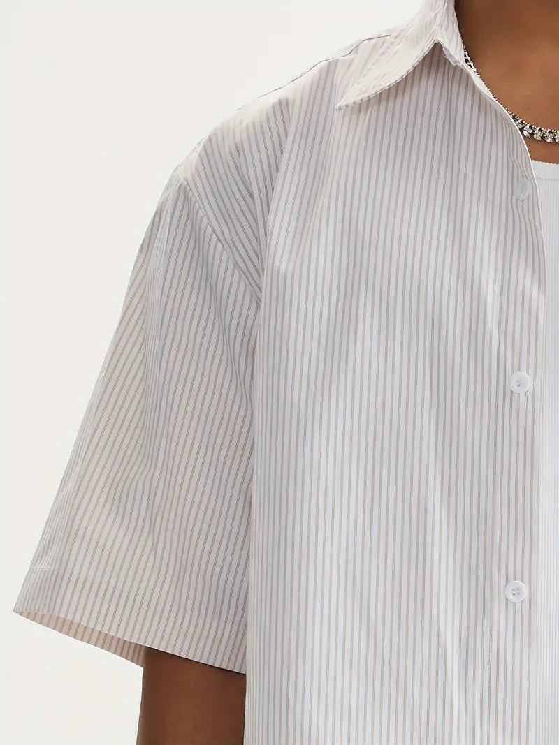 Unisex Casual Striped Shirt Oversized Short Sleeve Button-Up with Chest Pocket Lightweight Polyester