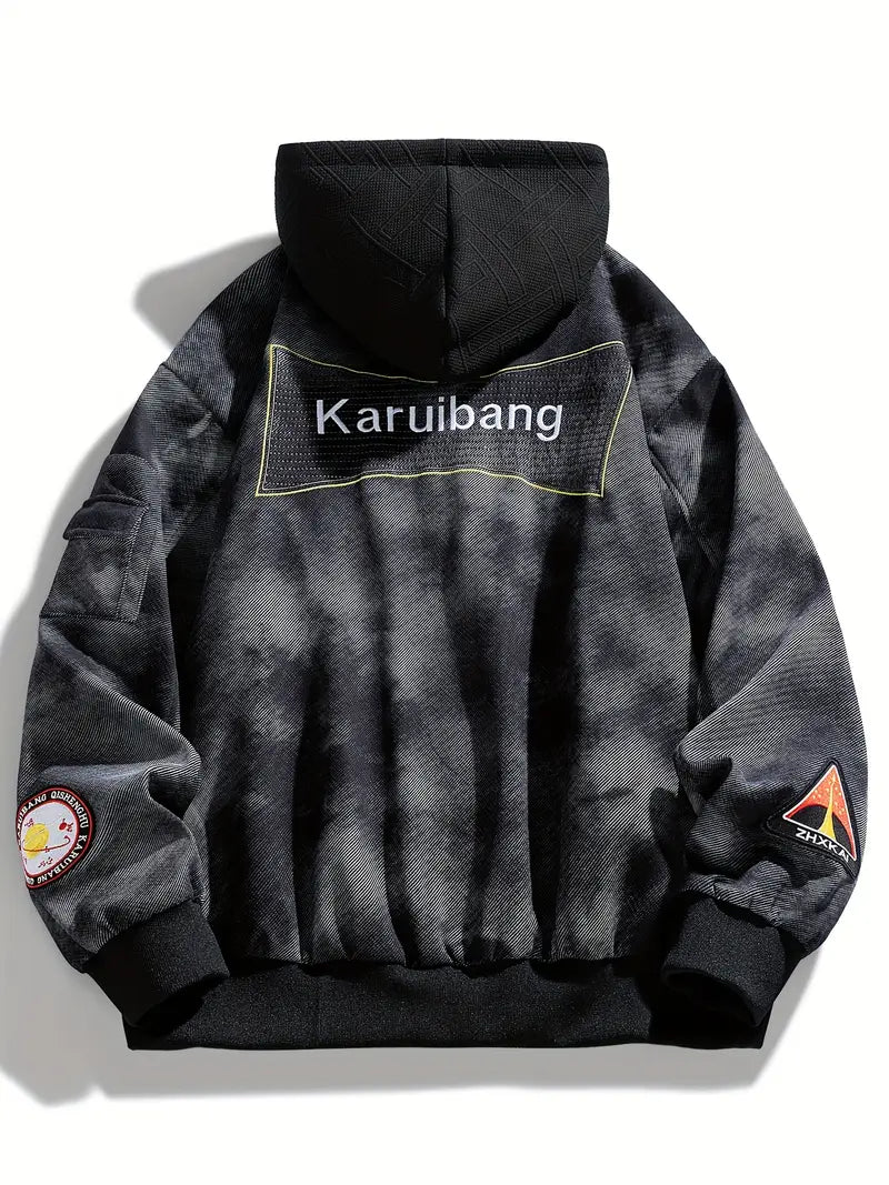 Men's Plus Size Tie-Dye Hooded Jacket Zip-Up Loose Fit with Letter Print and Multiple Pockets