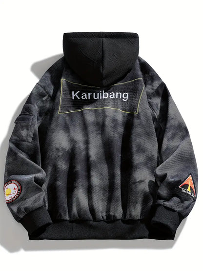 Men's Plus Size Tie-Dye Hooded Jacket Zip-Up Loose Fit with Letter Print and Multiple Pockets
