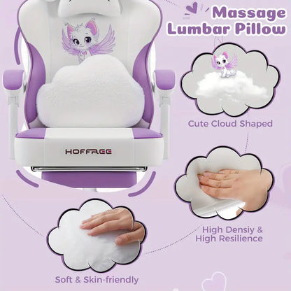 Cute Cat Ear Gaming Chair – Massage Lumbar Cushion, Footrest, USB Powered, White & Purple
