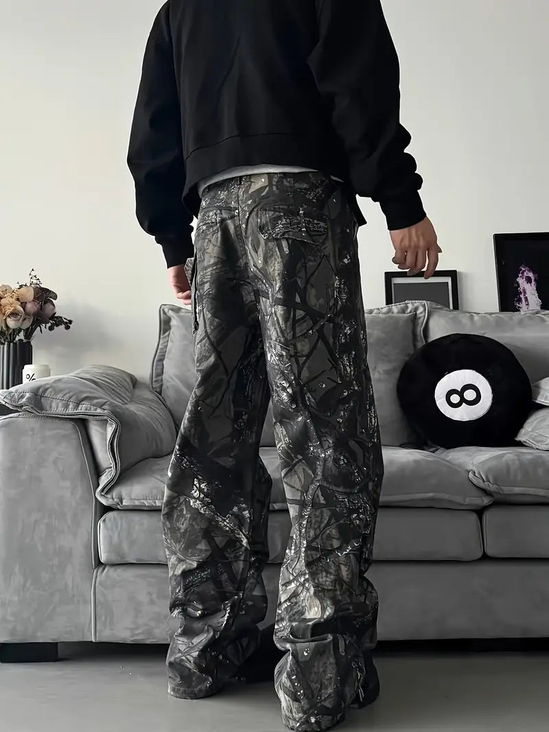 Men’s Camouflage Cargo Pants – Non-Stretch Straight-Leg Trousers with Pockets for Urban Streetwear