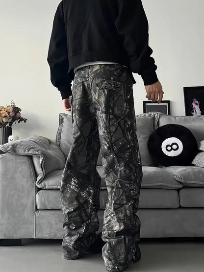 Men’s Camouflage Cargo Pants – Non-Stretch Straight-Leg Trousers with Pockets for Urban Streetwear