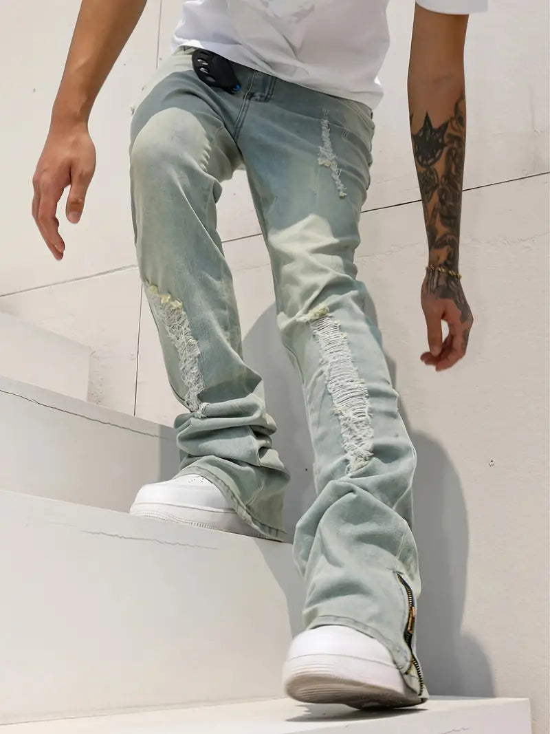 Men’s Flared Stretch Denim Jeans – Washed Blue Bell-Bottom Pants with Zipper Closure & Streetwear Fit