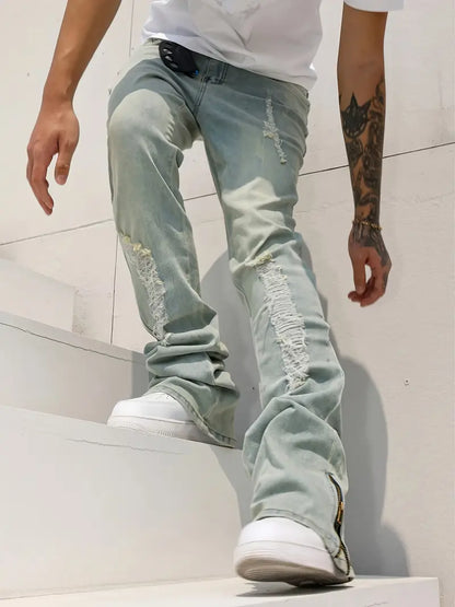 Men’s Flared Stretch Denim Jeans – Washed Blue Bell-Bottom Pants with Zipper Closure & Streetwear Fit