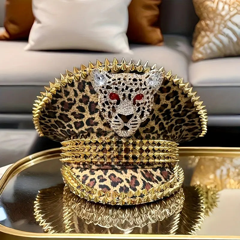 Festival Bling Leopard Print Captain Hat – Rhinestone Military Cap for Raves, Cosplay & Music Festivals