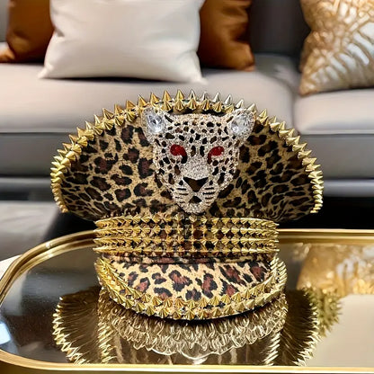 Festival Bling Leopard Print Captain Hat – Rhinestone Military Cap for Raves, Cosplay & Music Festivals