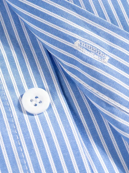 Unisex Casual Striped Shirt Oversized Short Sleeve Button-Up with Chest Pocket Lightweight Polyester