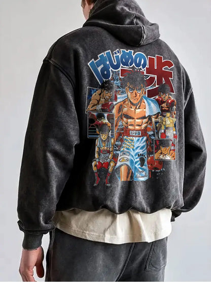 Men's Boxing Graphic Hoodie Vintage Washed Pullover with Action Scene Print Retro Streetwear Style