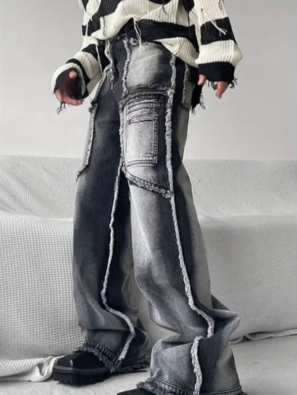 Men’s Distressed Faux Denim Jeans – Loose Straight-Leg Pants with Frayed Hem & Washed Retro Finish