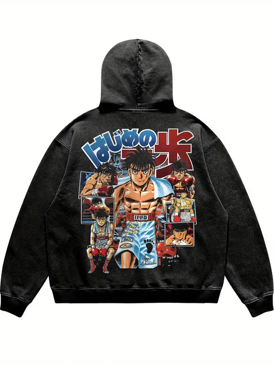 Men's Boxing Graphic Hoodie Vintage Washed Pullover with Action Scene Print Retro Streetwear Style