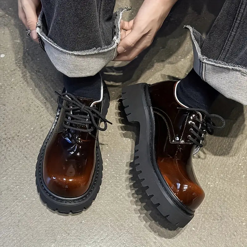 Men's Glossy Low-Top Sneakers – Brown, Round Toe, Cushioned Insole, Non-Slip Sole, Casual & Formal