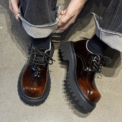 Men's Glossy Low-Top Sneakers – Brown, Round Toe, Cushioned Insole, Non-Slip Sole, Casual & Formal