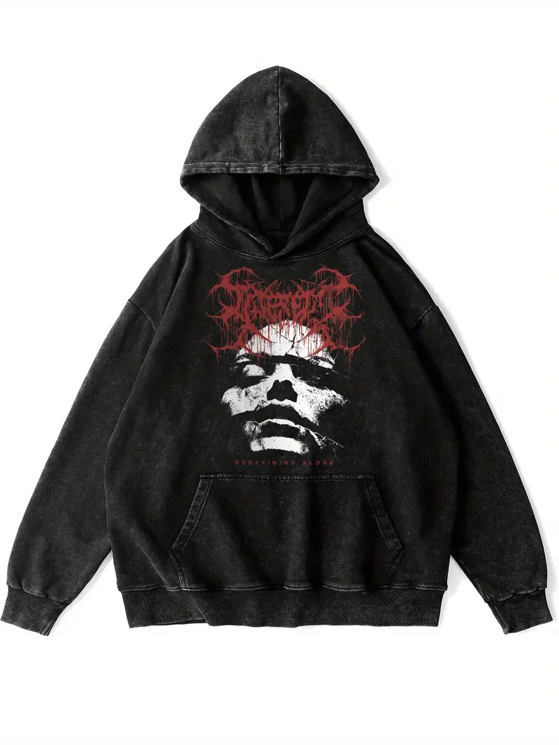 Men's Retro Washed Hoodie "ALONE" Graphic Funny Print Cotton Blend Pullover for Autumn Winter