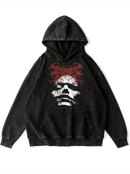 Men's Retro Washed Hoodie "ALONE" Graphic Funny Print Cotton Blend Pullover for Autumn Winter