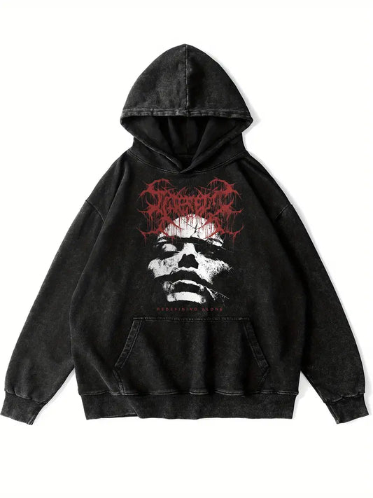 Men's Retro Washed Hoodie "ALONE" Graphic Funny Print Cotton Blend Pullover for Autumn Winter