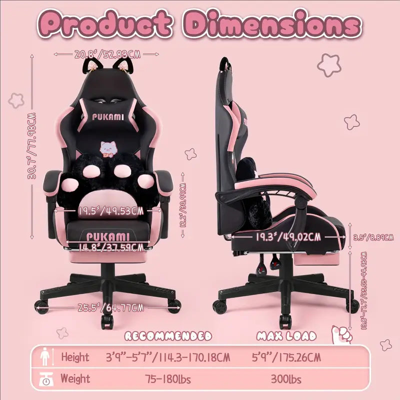 Ergonomic Gaming Chair with Cat Ear Headrest – Kawaii Style, Reclining Lumbar Support, Foam Cushion
