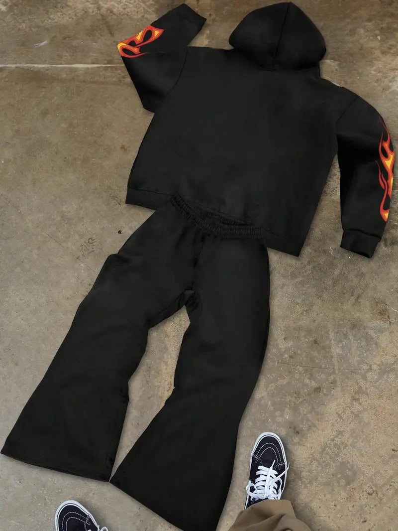 Men's Two-Piece Streetwear Set Hoodie and Sweatpants Printed Eyes Flame Slogan Graphic Fall Winter Tracksuit