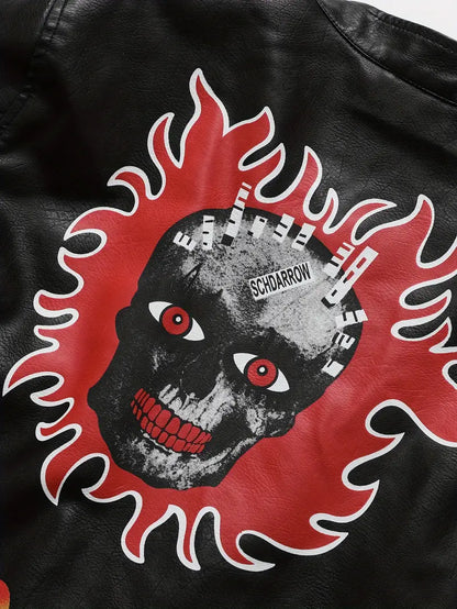 Men’s Black Zip-Up Jacket – Skull & Sun Graphic, “SCHDARROW KNHOR” Print, Streetwear for Autumn/Winter