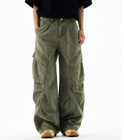 Men’s Cargo Pants – Loose Fit Draped Trousers with Large Pockets, Retro Streetwear Style Green