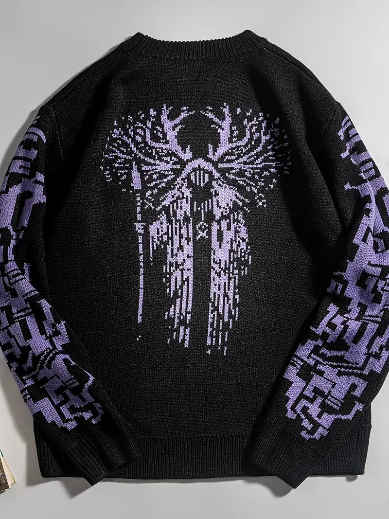 Men's Graphic Knit Sweater – Loose Knit Sweater – Loose Fit Pullover, Round Fit Pullover, Round Neck, Streetwear Neck, Streetwear Casual Winter Fashion Casual Winter Fashion