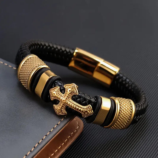 Men’s Fashion Cross Bracelet – Vintage Style with 18K Gold Plating, Magnetic Metal Buckle, Elegant Gift for Business & Casual Wear