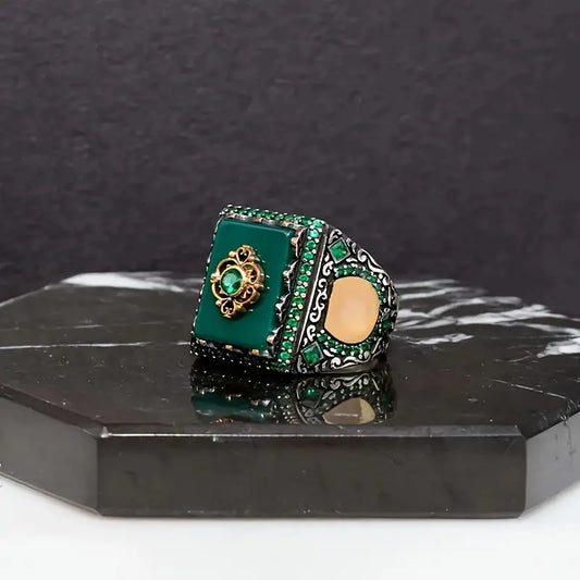 Men’s Handcrafted Vintage Ring – Faux Green Copper Band with Square Synthetic Cubic Zirconia Inlay, Unique Gift for Him