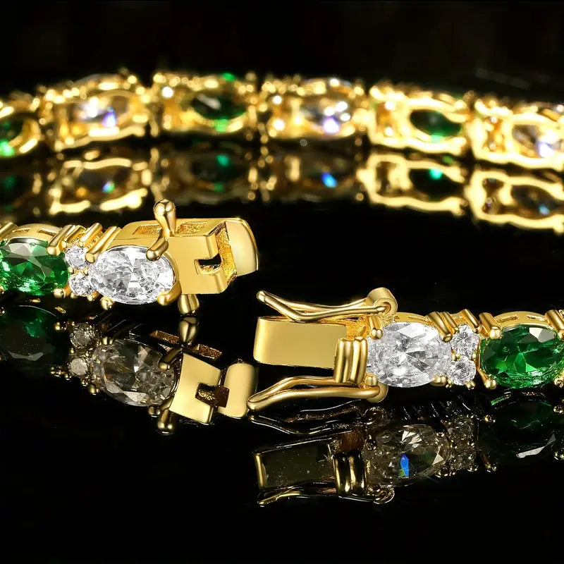 Luxurious 5mm Oval Green & White 5A Zirconia Tennis Bracelet – 18K Gold-Plated Copper, Double Clasp Closure, Elegant Hip-Hop Style for Women