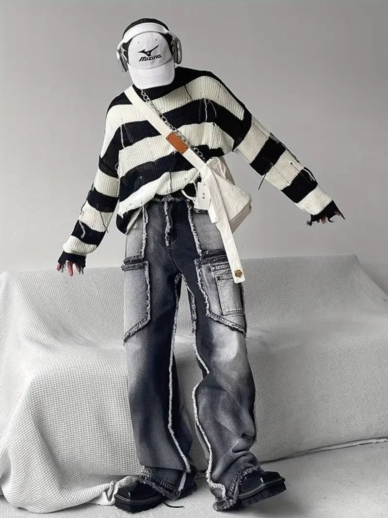 Men’s Distressed Faux Denim Jeans – Loose Straight-Leg Pants with Frayed Hem & Washed Retro Finish