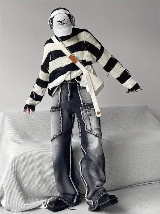 Men’s Distressed Faux Denim Jeans – Loose Straight-Leg Pants with Frayed Hem & Washed Retro Finish