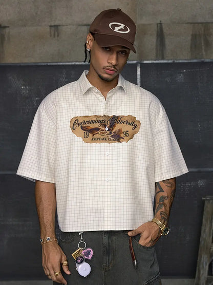 Men's Retro Plaid Print Shirt Short Sleeve Loose Fit Button-Up Woven Fabric for Summer Streetwear