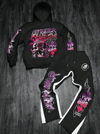 Men’s Gothic Skull Hoodie Set – Black & White 3D Letter Print Sweatshirt and Joggers for Streetwear