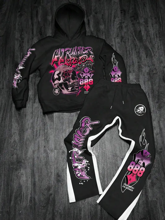Men’s Gothic Skull Hoodie Set – Black & White 3D Letter Print Sweatshirt and Joggers for Streetwear