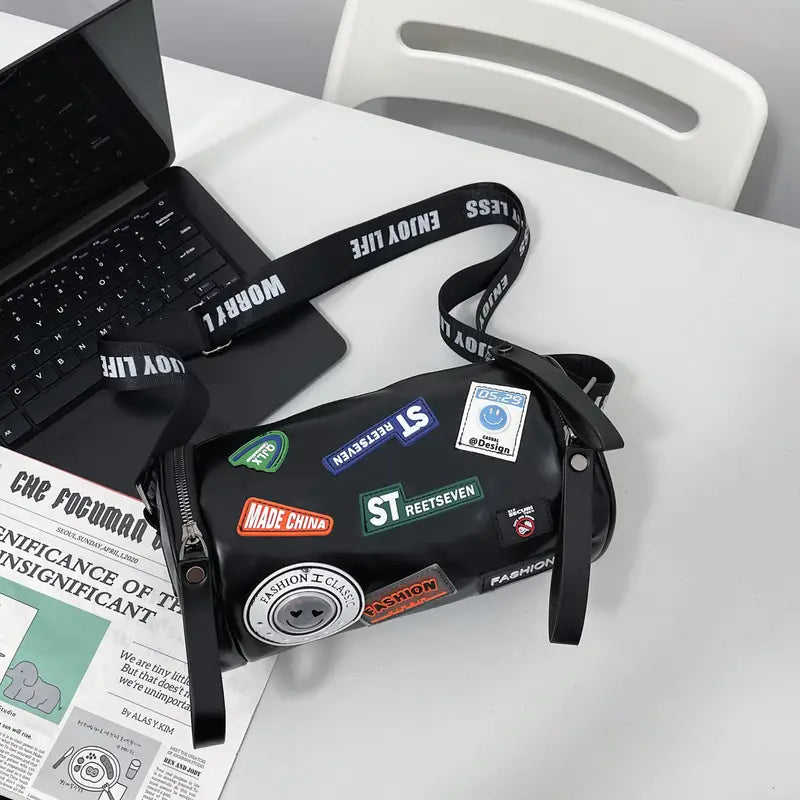 Unisex High-End Crossbody Bag – PU Cylinder Handbag with Brand Letter Badge, Buckle Closure & Golden Hardware