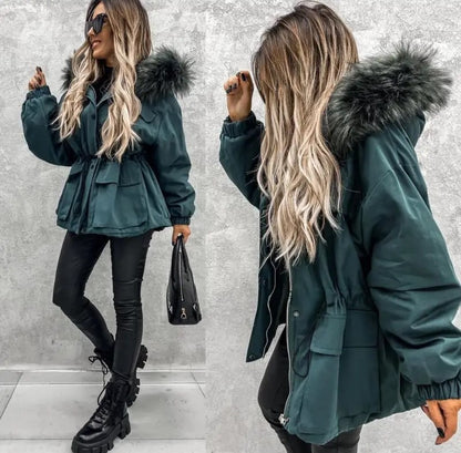 Women's Thick Fleece-Like Winter Jacket with Fur Collar Hood European Style Cold Weather Outerwear