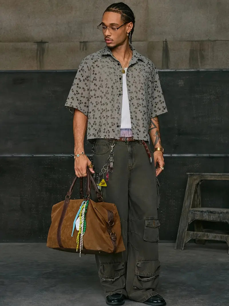 Men's Floral Print Short Sleeve Button-Up Shirt Loose Fit White Collar Brown Accents Summer