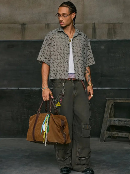 Men's Floral Print Short Sleeve Button-Up Shirt Loose Fit White Collar Brown Accents Summer