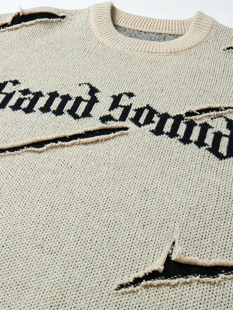 Men's Distressed Knit Sweater – Casual Pullover, Ripped Detail, Loose Fit Streetwear for Fall/Winter