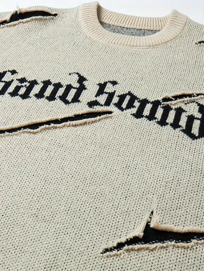 Men's Distressed Knit Sweater – Casual Pullover, Ripped Detail, Loose Fit Streetwear for Fall/Winter