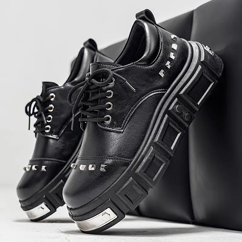 Unisex British Style Chunky Platform Derby Shoes – Rivet Accent, Casual & Semi-Formal