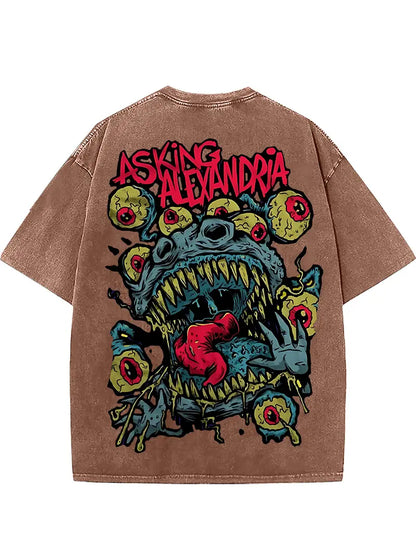 Men's Horror Graphic T-Shirt Distressed Black Cotton Loose Fit Short Sleeve ASKING Alexandria Print