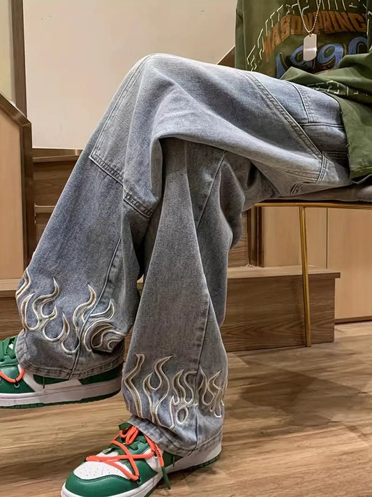 Men’s Flame Embroidery Jeans – Loose Fit Black Denim with Zipper Fly & Streetwear Stitching