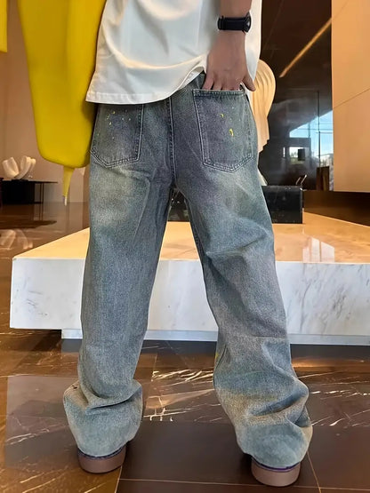 Unisex Jacquard Streetwear Jeans – Light Blue Flared Denim with Elastic Waistband & Regular Fit