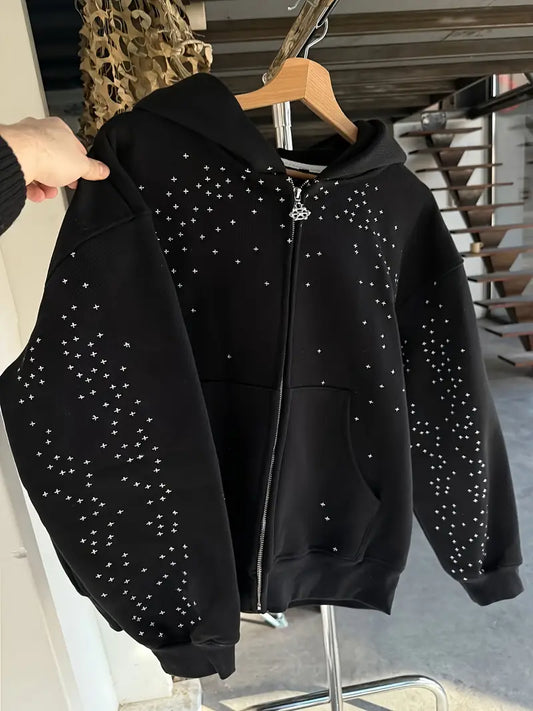 Gothic Star Rhinestone Hoodie – Black Zipper Hooded Sweatshirt, Unisex Loose-Fit Streetwear for Concerts, Parties & Everyday Fashion