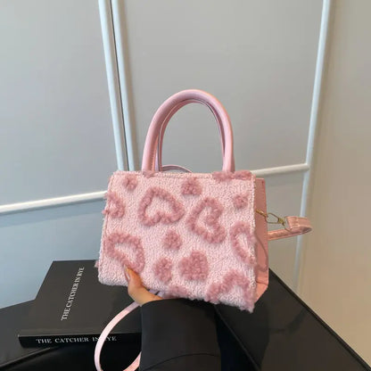 Women’s Summer Plush Small Square Handbag – Floral Heart Pattern, Zipper Closure, Detachable Strap, Multi-Color Crossbody Bag