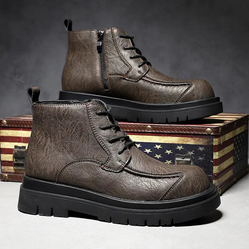 Men's Heavy-Duty Height Increase Shoes with Anti-Slip Rubber Sole PU Upper All-Terrain Traction Black