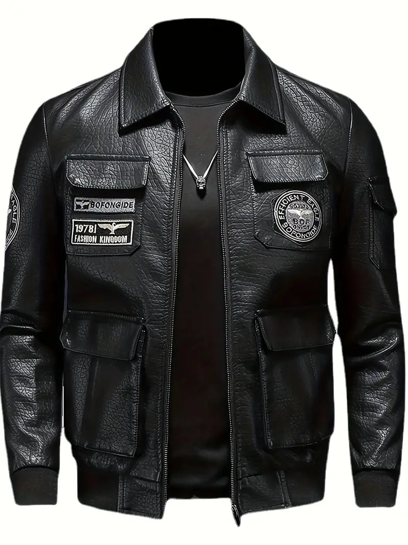 Men's Windproof PU Leather Jacket Stand Collar Zipper Casual Outerwear for Autumn Winter