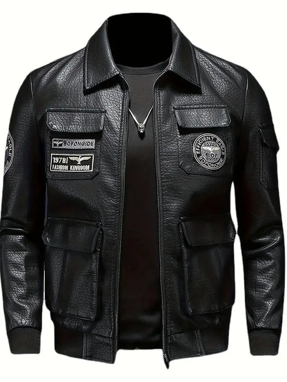 Men's Windproof PU Leather Jacket Stand Collar Zipper Casual Outerwear for Autumn Winter