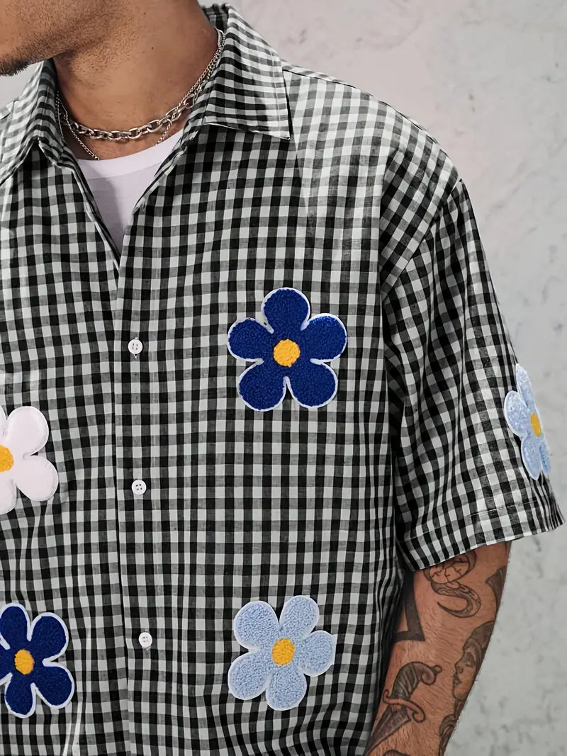 Men's White Gingham Shirt with Floral Embroidery Short Sleeve Button-Up Lightweight Summer Streetwear
