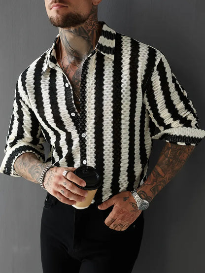 Men's Black White Striped Oversized Long Sleeve Shirt Button-Up Polyester No-Stretch for Casual Formal Wear