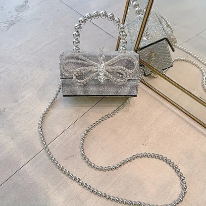 Elegant Mini Glitter Clutch – Bowknot Design Handbag with Buckle Closure, Silvery Finish for Evening & Banquet Wear